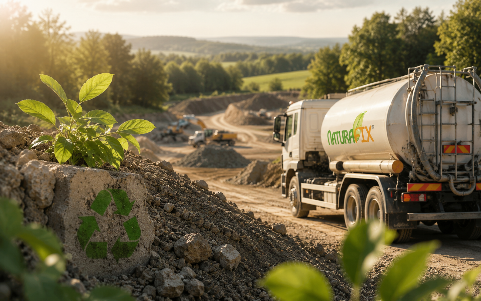 Naturafix-Tankwagen auf einer Baustelle in grüner Landschaft, im Vordergrund eine Pflanze und ein Recycling-Symbol