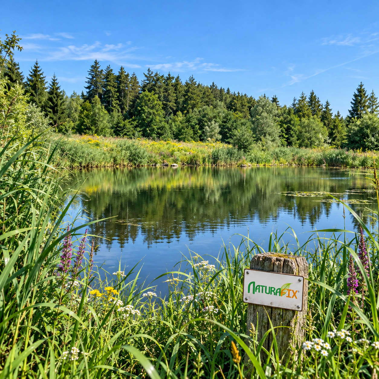 Naturafix-Tankwagen auf einer Baustelle in grüner Landschaft, im Vordergrund eine Pflanze und ein Recycling-Symbol